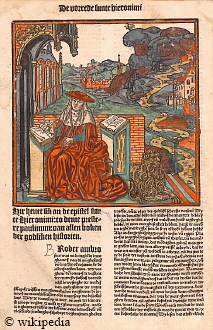 Luebecker Bibel von 1494 -  Vorwort des Hieronymus mit Holzschnitt    -   Fr eine grere Darstellung klicken Sie bitte auf das Bild.