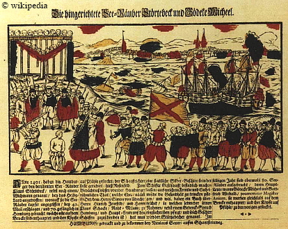 Oeffentliche Hinrichtung von Vitalienbruedern in Hamburg. Flugblatt von 1701, zum 300. Jahrestag der Hinrichtung Stoertebekers   -   Fr eine grere Darstellung klicken Sie bitte auf das Bild.